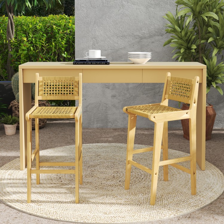 Teak wood bar stools with rattan backrests, featuring a natural finish, perfect for outdoor patios and kitchens.