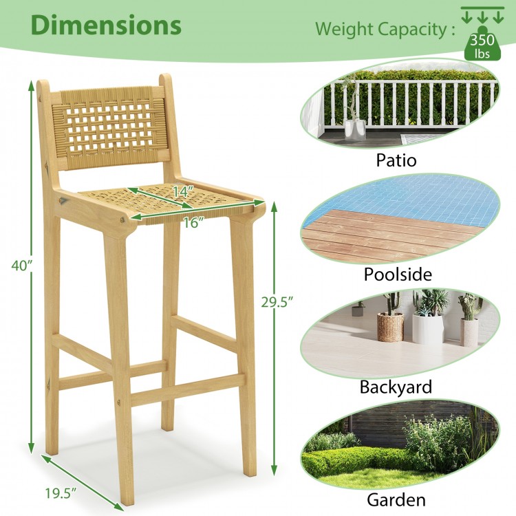 Teak wood bar stool with rattan backrest, 40" height, ideal for patio, poolside, or backyard seating.
