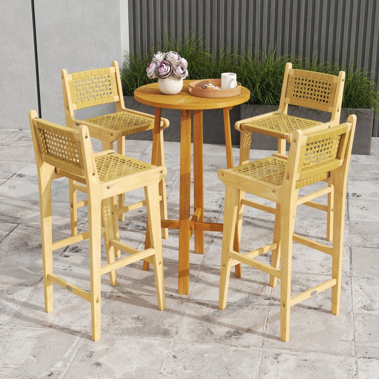 Teak wood bar stool with rattan backrest, featuring a natural finish, ideal for patio or poolside use.