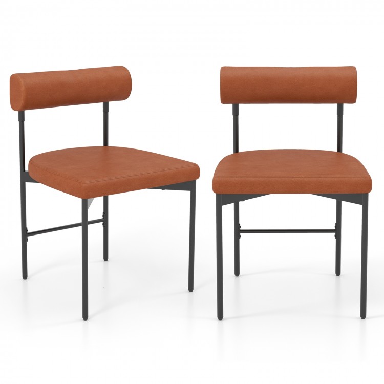 Set of 2 brown faux leather upholstered kitchen side chairs with curved padded backrests and sturdy metal legs.