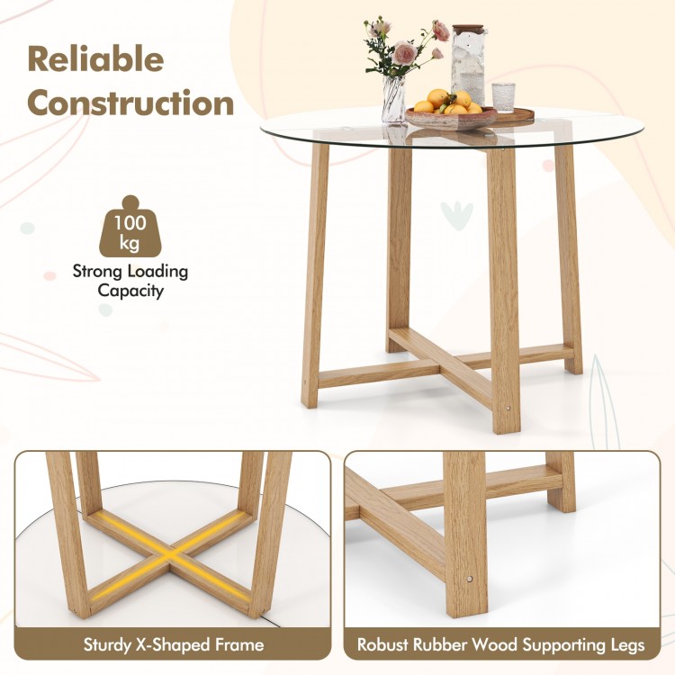 42-inch round dining table with tempered glass top and sturdy rubber wood legs, ideal for dining and gatherings.
