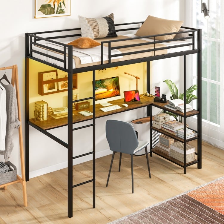 Twin size loft bed in black with desk and storage shelves, featuring LED lights and a 10" guardrail for safety.