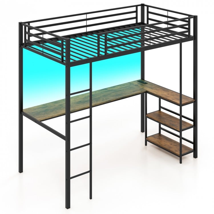 Twin size loft bed in black with desk, two storage shelves, and customizable LED lights for efficient space utilization.