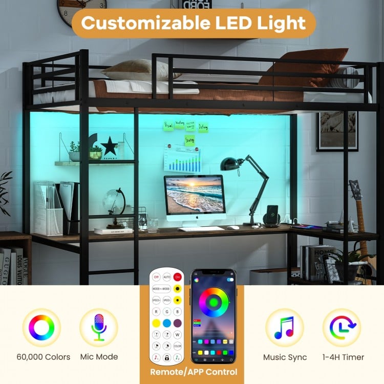 Twin size loft bed in black with customizable LED light, desk, and two storage shelves for efficient space utilization.