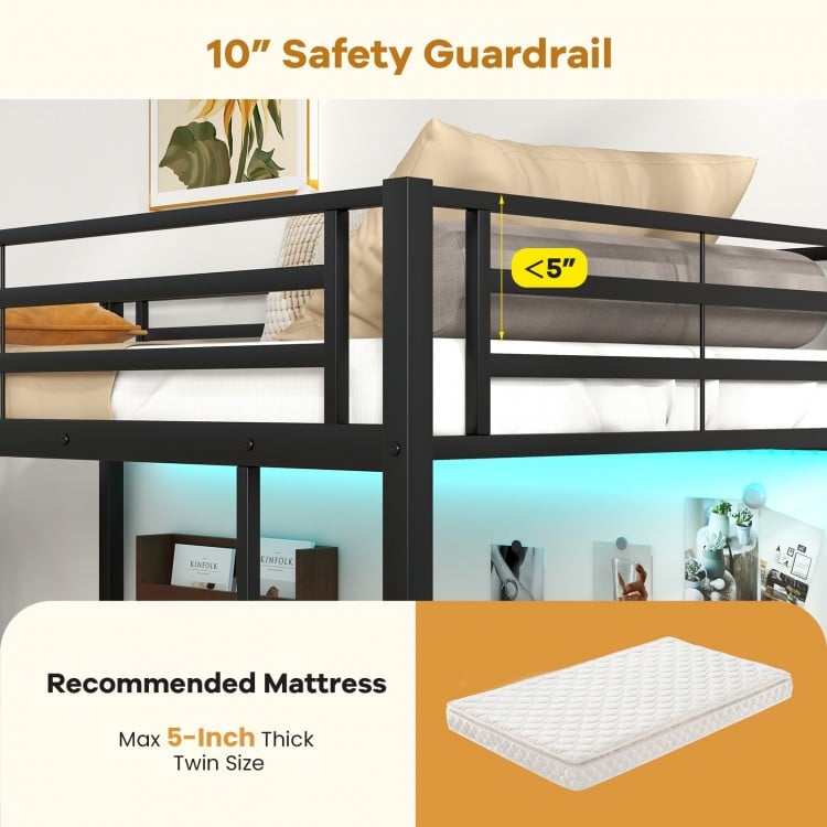 Twin size loft bed in black with 10" safety guardrail, desk, and two storage shelves for efficient space utilization.