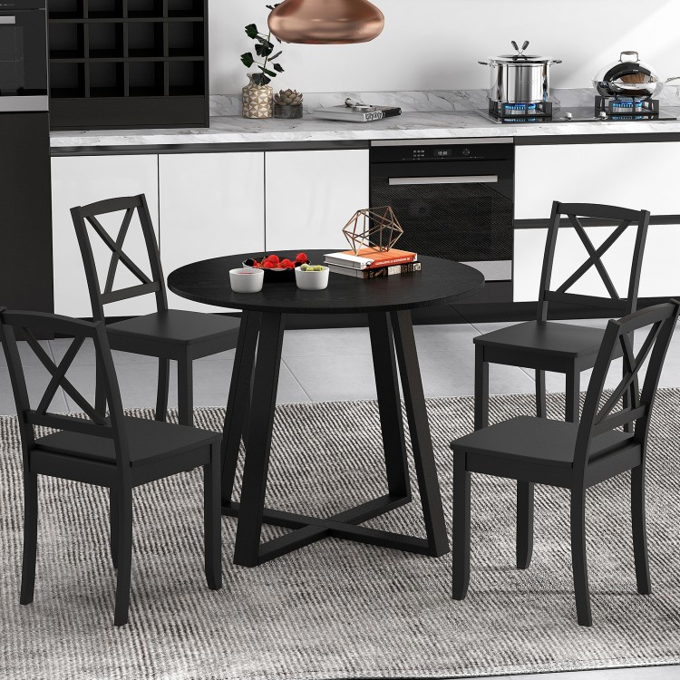 Mid-century round dining table with pedestal base, black finish, crafted from rubber wood, ideal for dining rooms.