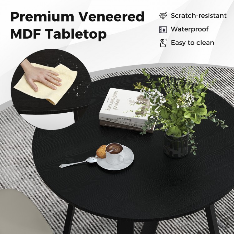 Mid-century 36-inch round dining table with black MDF tabletop, waterproof finish, and sturdy pedestal base for dining.