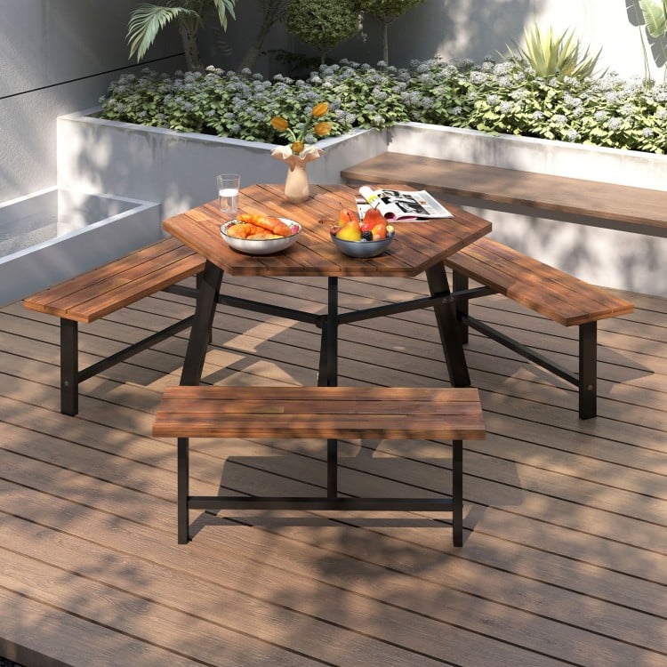 Acacia wood picnic table bench set for 6 with 3 seats, featuring sturdy metal legs and slatted surface for outdoor use.