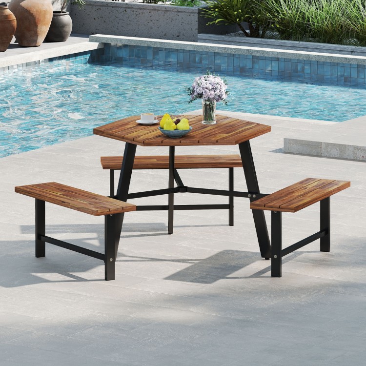 Acacia wood picnic table set with three benches, suitable for six people, perfect for outdoor dining by the pool.