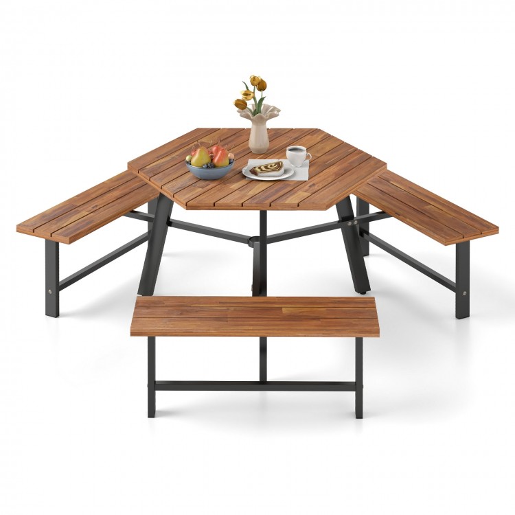 Hexagonal acacia wood picnic table bench set for 6, featuring 3 benches and robust metal legs, ideal for outdoor.