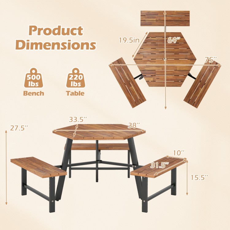 Hexagonal acacia wood picnic table with 3 benches, featuring dimensions and sturdy metal legs for outdoor gatherings.