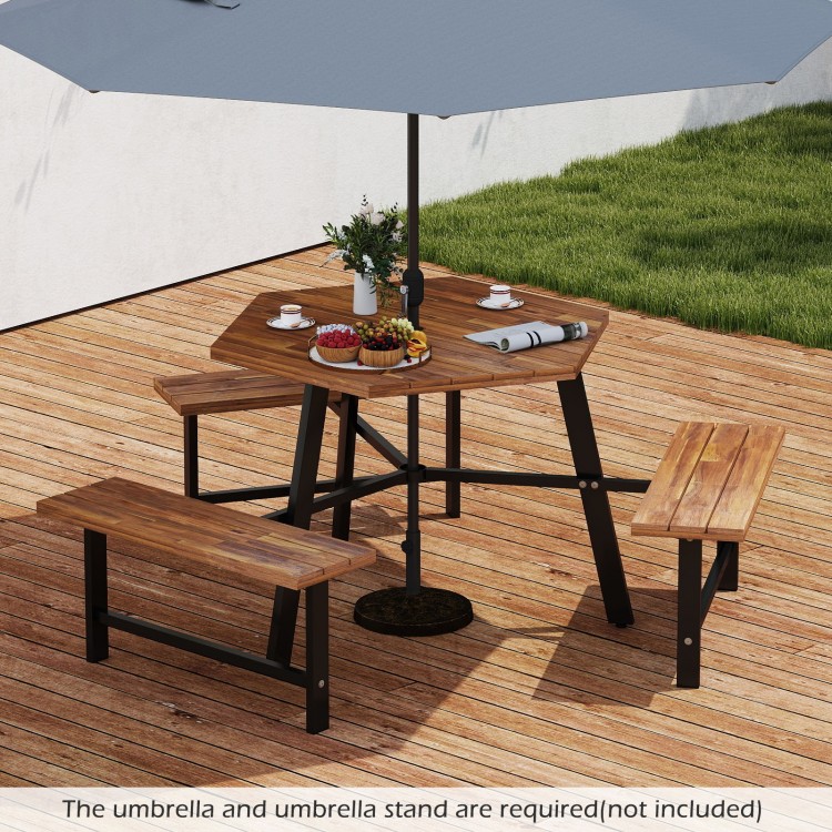Acacia wood picnic table bench set for 6 with 3 benches, featuring sturdy metal legs and umbrella hole for outdoor use.