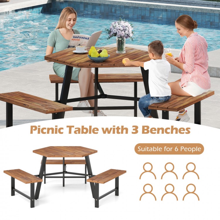 Acacia wood picnic table set with 3 benches, suitable for 6 people, ideal for outdoor dining by the pool.