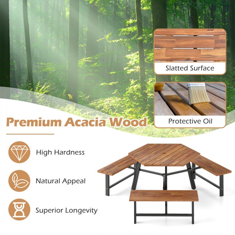 Acacia wood picnic table bench set for 6 with slatted surface, protective oil, and sturdy metal legs for outdoor use.