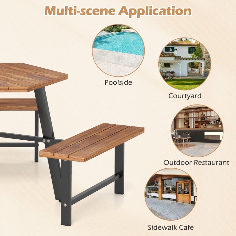 Acacia wood picnic table bench set for 6, featuring sturdy metal legs and slatted surface, ideal for outdoor dining.