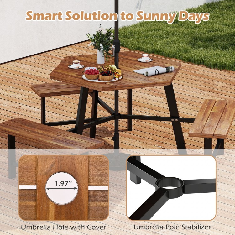 Acacia wood picnic table bench set for 6 with umbrella hole, featuring sturdy metal legs and slatted surface for.