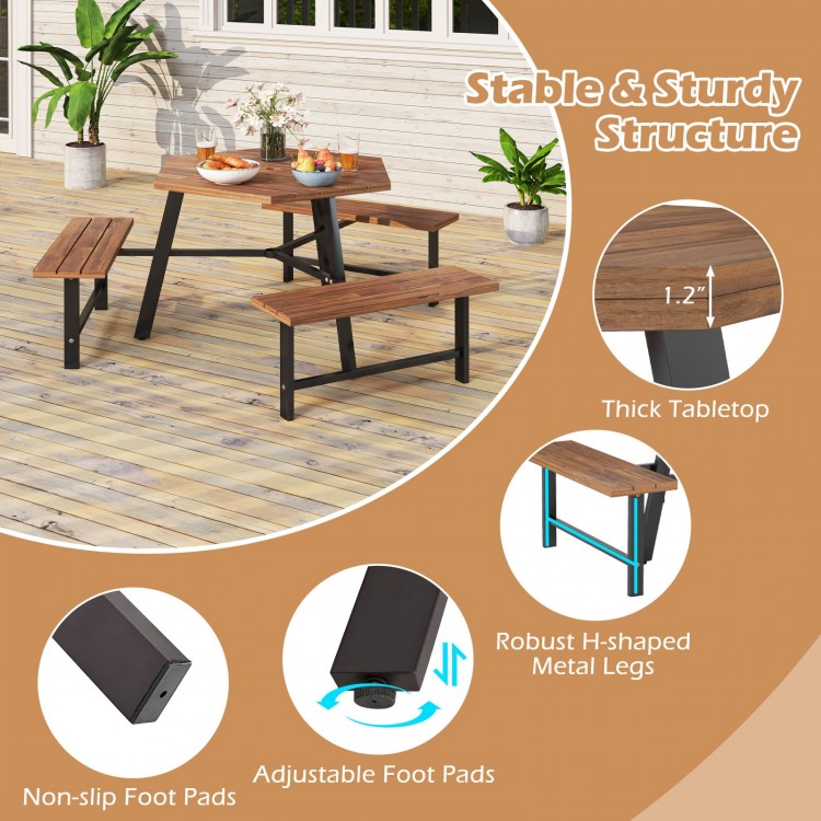 Acacia wood picnic table bench set for 6 with robust metal legs, adjustable foot pads, and umbrella hole for outdoor.