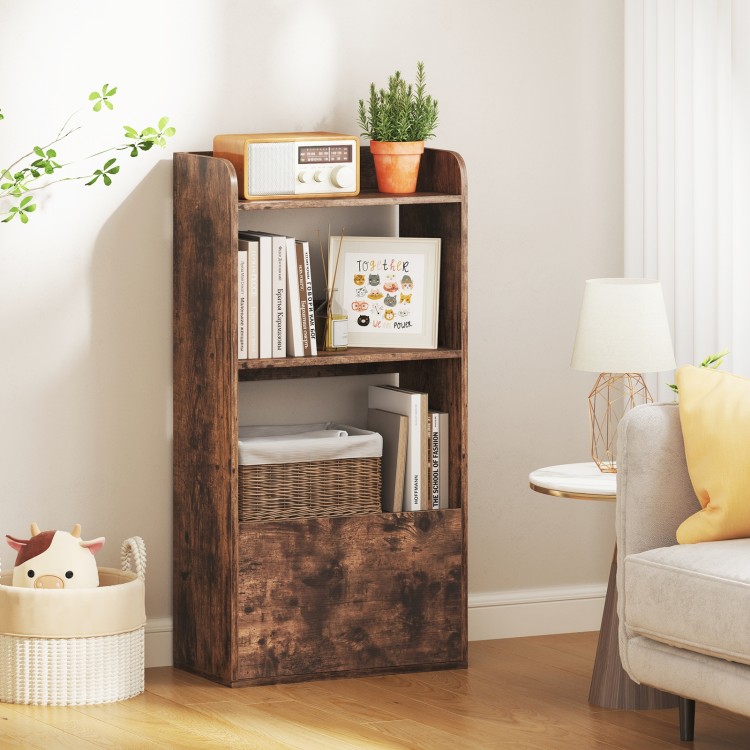 Freestanding bookshelf in rustic brown with 3 open tiers and a large drawer, perfect for living room or office storage.