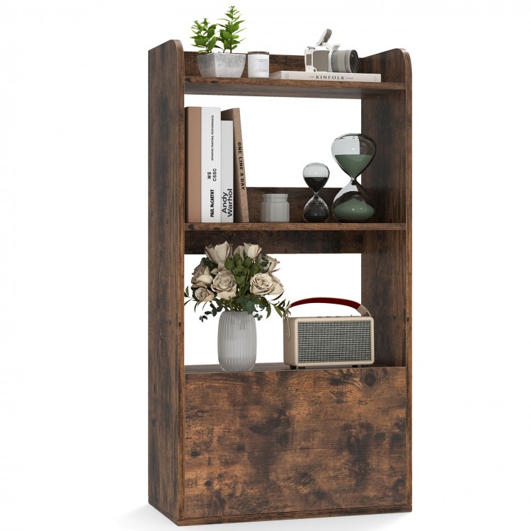 Rustic brown freestanding bookshelf featuring three open shelves and a large drawer, enhancing any study or kitchen.