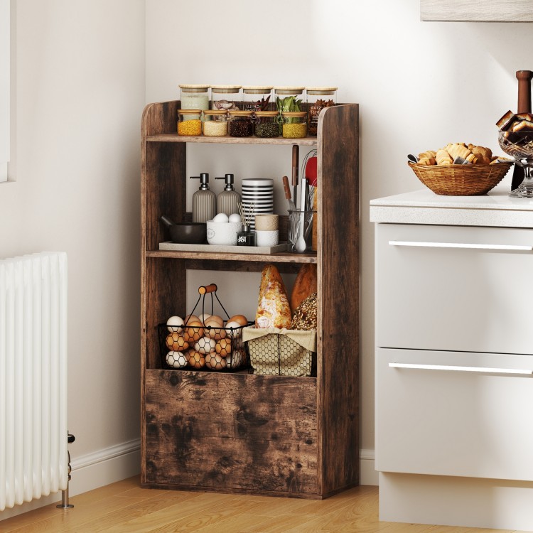 Freestanding bookshelf in rustic brown with 3-tier open shelves and a large drawer, ideal for kitchen or living room.