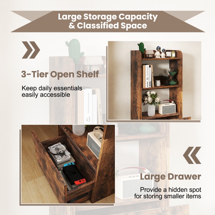 Freestanding bookshelf in rustic brown with 3-tier open shelf and large drawer for hidden storage in living room or.