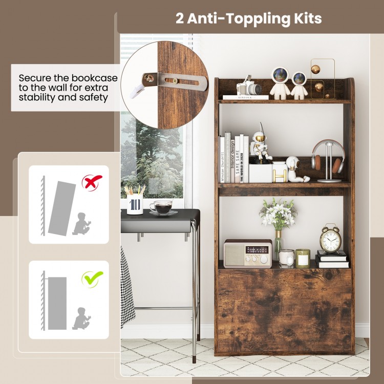 Freestanding 3-tier bookshelf in rustic brown with a drawer, secured to the wall for added stability and safety.