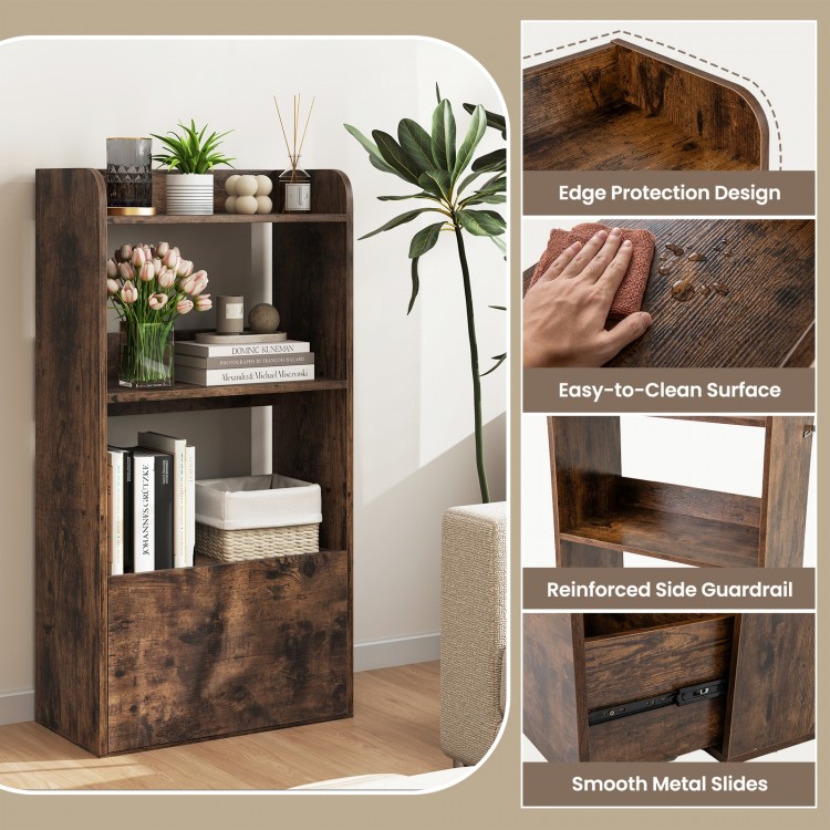 Rustic brown freestanding bookshelf showcasing smooth metal drawer slides and reinforced side guardrails for secure.