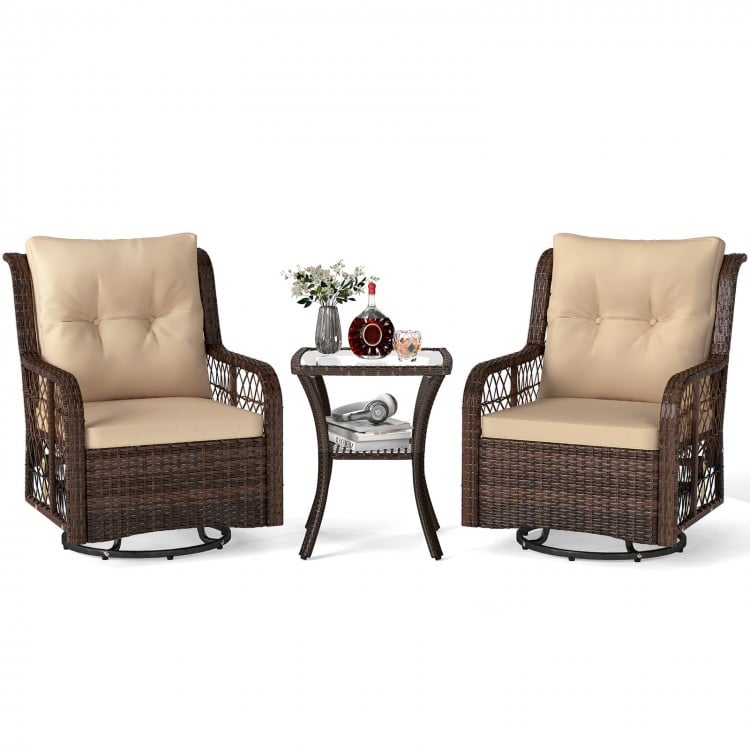 Close-up of a beige cushion on a brown PE wicker swivel glider chair, showcasing comfort and zippered cover for easy.