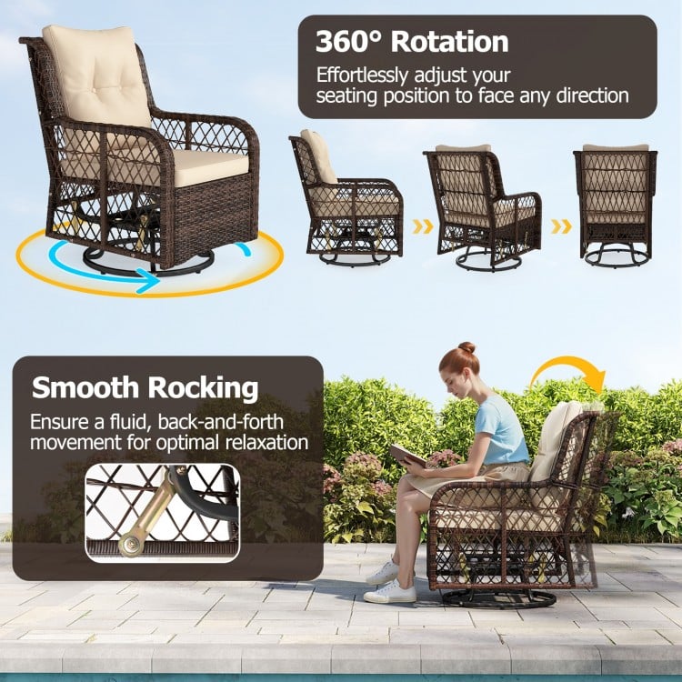 Swivel glider chair with beige cushion, hand-woven PE rattan, ideal for patio relaxation and easy cleaning.