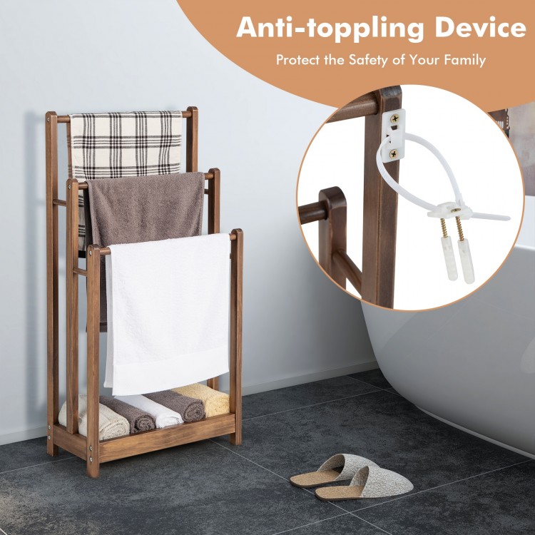 Freestanding 3-bar towel rack in rustic brown with bottom shelf, featuring an anti-toppling device for safety.