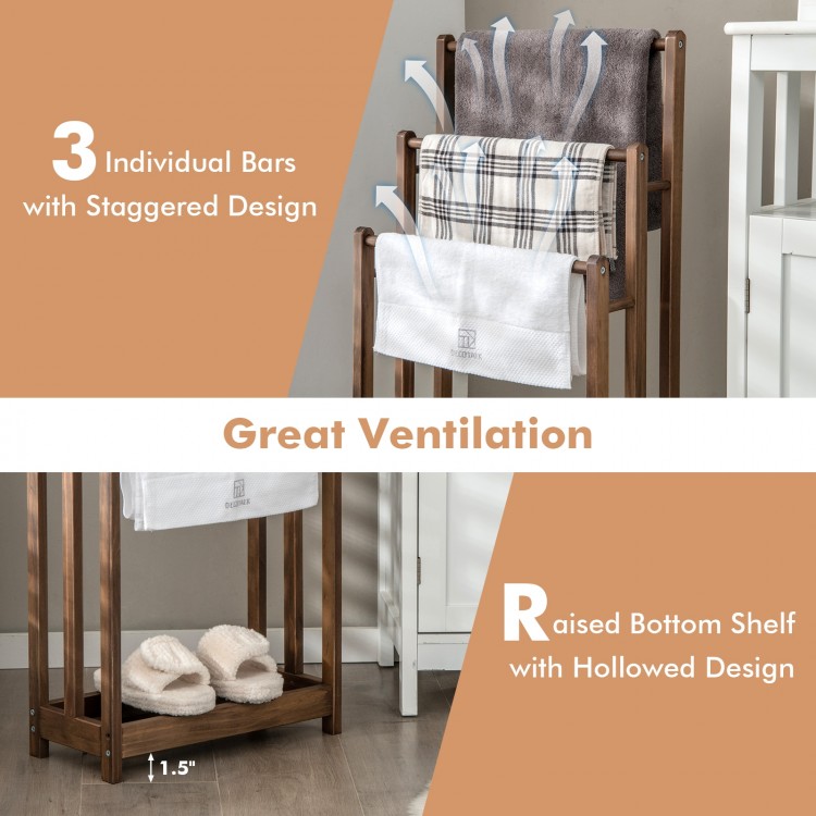 Freestanding towel rack with 3 staggered bars and a raised bottom shelf for effective drying and additional storage.