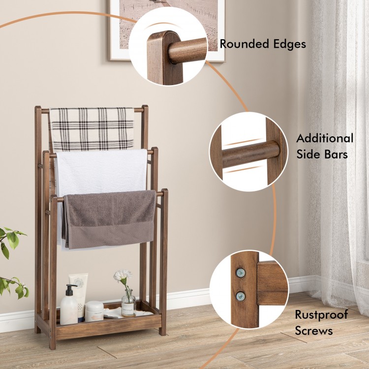 Freestanding towel rack with 3 bars in rustic brown, featuring a bottom shelf for storage and rounded edges for safety.
