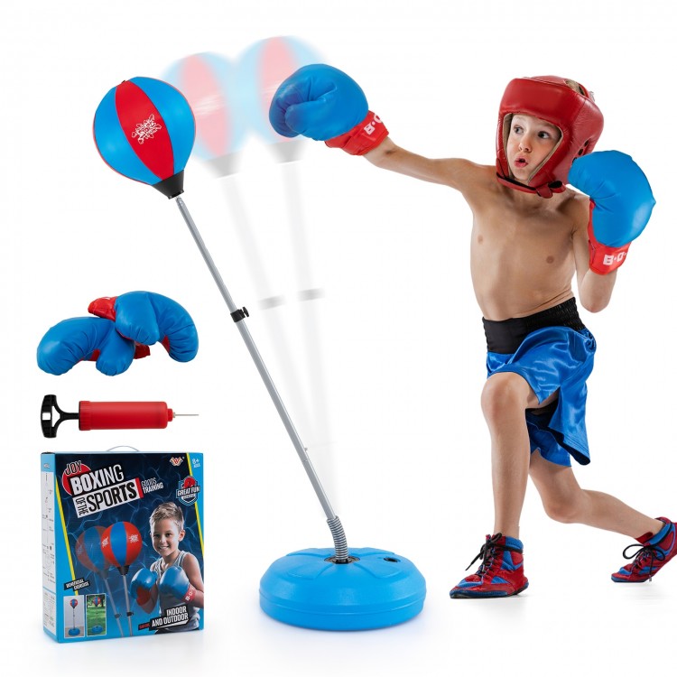 Adjustable punching bag with stand and gloves for kids, featuring a blue design and height-adjustable feature for safe.