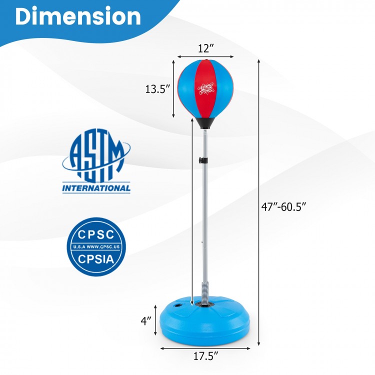 Adjustable punching bag with stand in blue, featuring a soft PE and PVC cover, height adjustable for all ages.