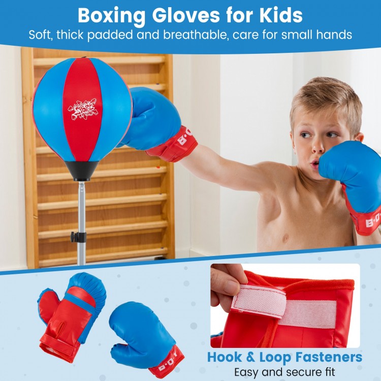 Kids boxing gloves in red and blue, designed for small hands, with hook and loop fasteners for a secure fit.
