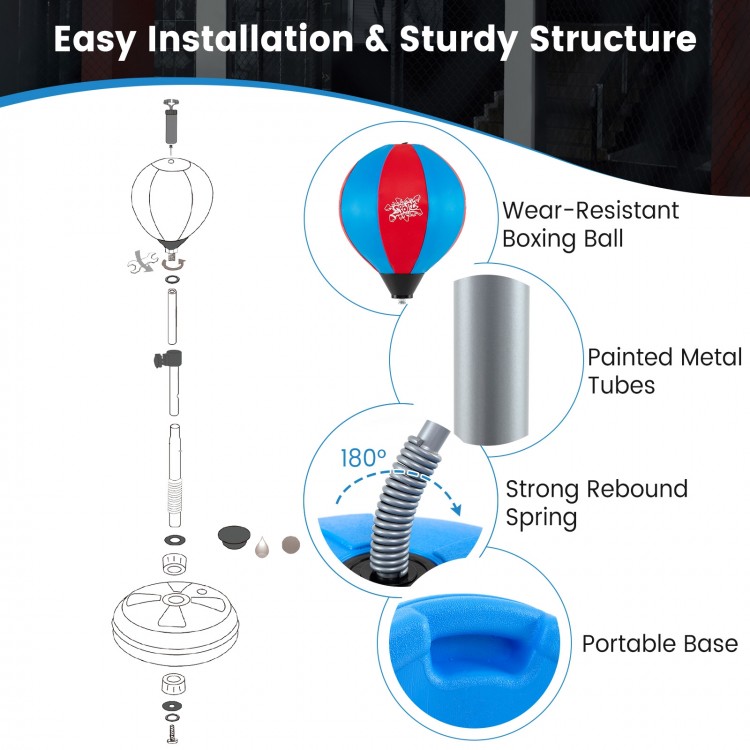 Adjustable punching bag with stand, featuring a wear-resistant ball and sturdy base for safe, effective training.