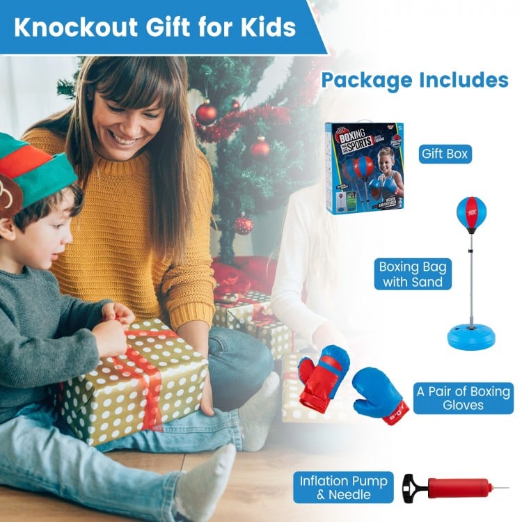 Adjustable punching bag with stand, blue boxing gloves, and gift box for kids, promoting hand-eye coordination and.