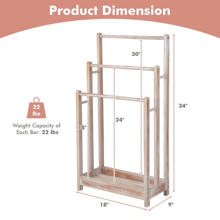 Freestanding towel rack with 3 drying bars and bottom shelf, made of solid fir wood, ideal for home organization.