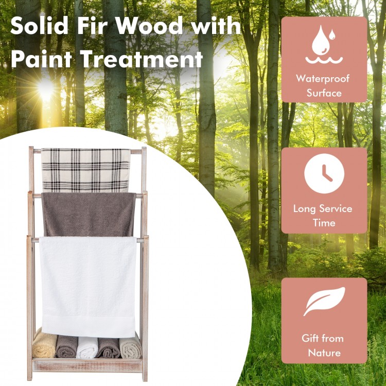 Freestanding towel rack with three bars and bottom shelf, made of solid fir wood, waterproof surface for easy cleaning.