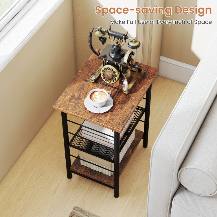 3-tier rustic brown end table with adjustable mesh shelves, perfect for living room or bedroom space-saving needs.