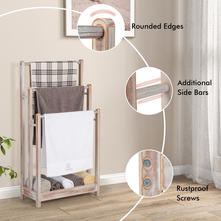 Freestanding towel rack with 3 bars and bottom shelf, made of solid fir wood, ideal for drying towels and storage.