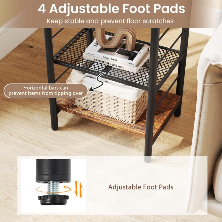 Adjustable foot pads on a 3-tier end table in rustic brown, ensuring stability and preventing floor scratches.