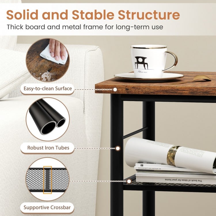 3-tier end table in rustic brown with metal frame, adjustable shelves, and easy-to-clean surface for versatile use.