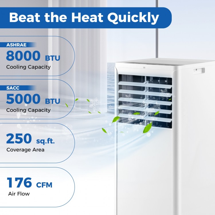 8000 BTU portable air conditioner with fan and dehumidifier, ideal for cooling rooms up to 250 sq.ft efficiently.