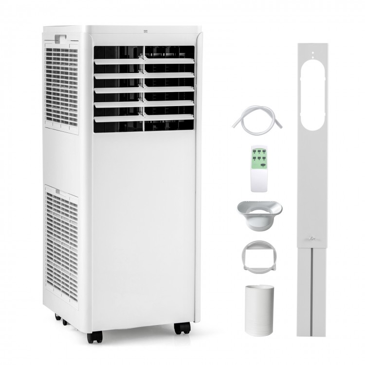 Portable 8000 BTU air conditioner with fan and dehumidifier, includes window kit and remote control for easy setup.