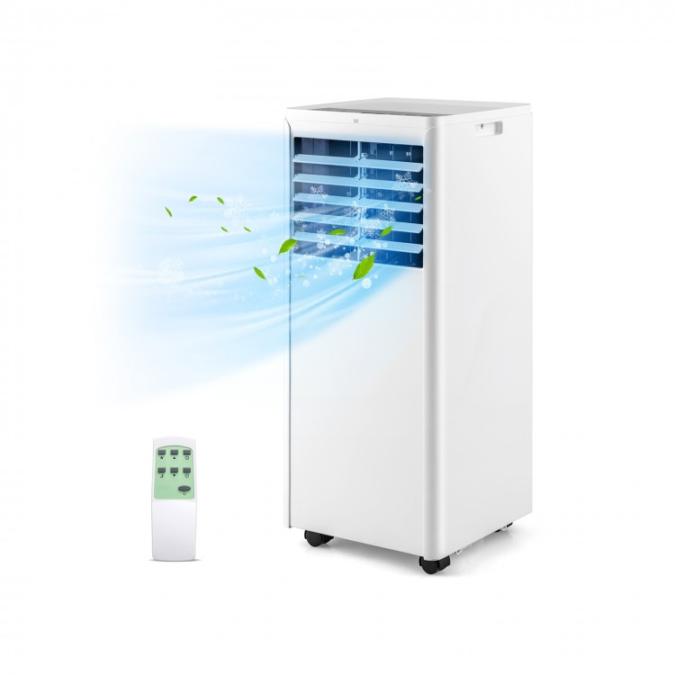 Portable 8000 BTU air conditioner with fan and dehumidifier, featuring a remote control and 4 operation modes for.