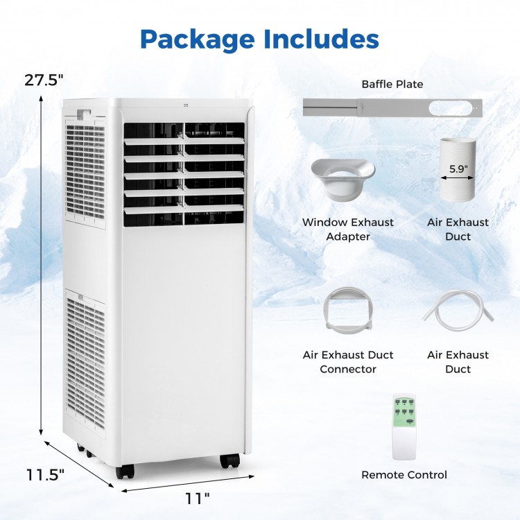 Portable air conditioner with remote control, 8000 BTU, includes window exhaust kit for easy setup in rooms up to 250.