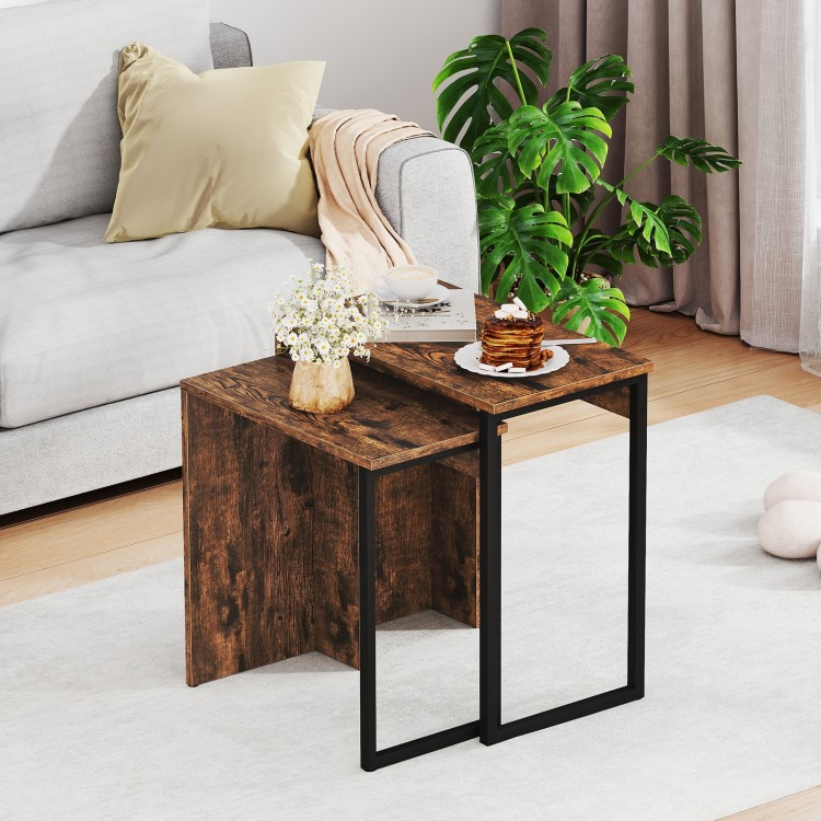 Nesting coffee table set in rustic brown with a solid metal frame, ideal for living room or bedroom use.