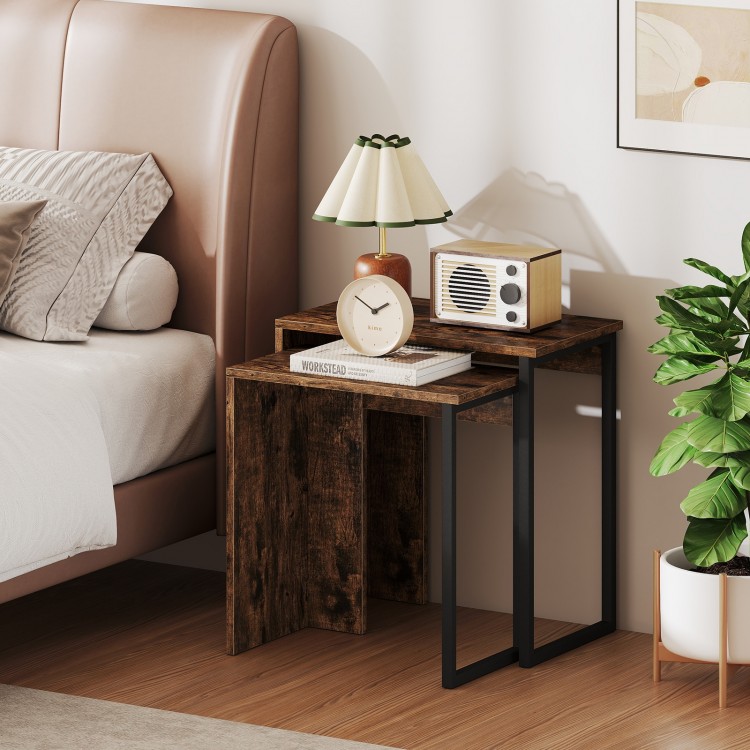 Nesting coffee table set in rustic brown with faux wood grain, ideal for living room or bedroom, featuring a solid.