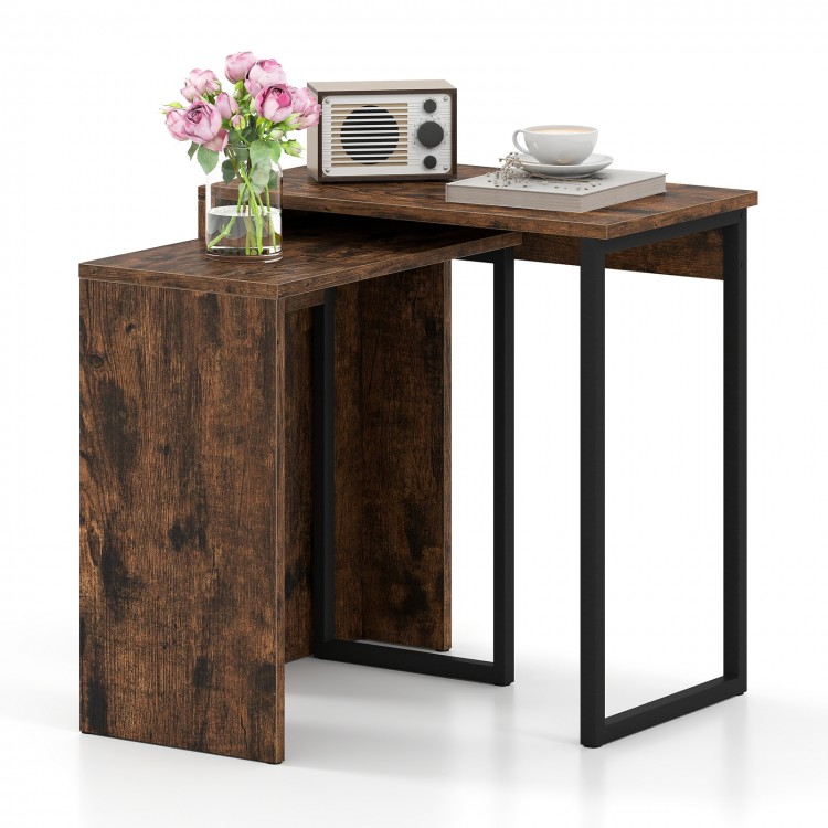Nesting coffee table set in rustic brown with faux wood grain, ideal for living room or bedroom use.
